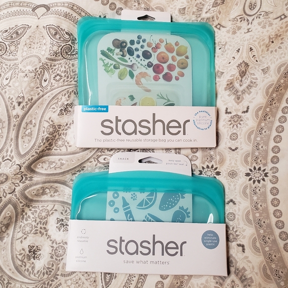 STASHER 2 Sizes: Snack & Sandwich Storage Bags Aqua Reusable Platinum Silicone - Picture 1 of 6